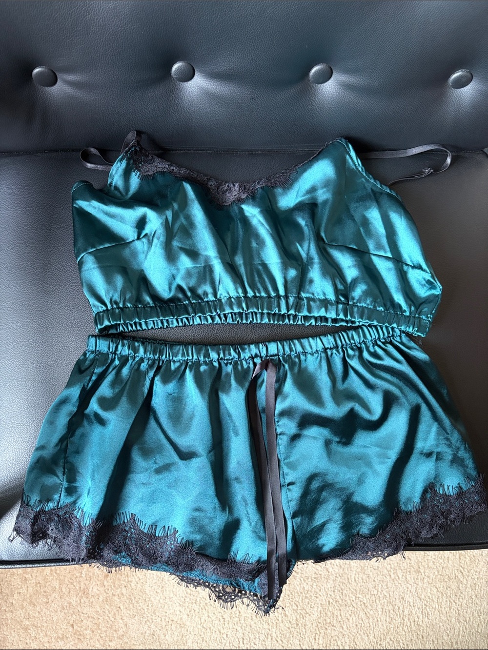 SHEIN Teal Satin Lace-Trim Cami & Short Set